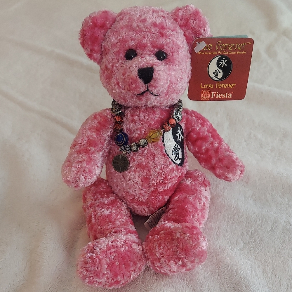 Vintage 2000s Fiesta Foo Forever Pink Plush Bear NWT W/ Yin Yang Charm Necklace